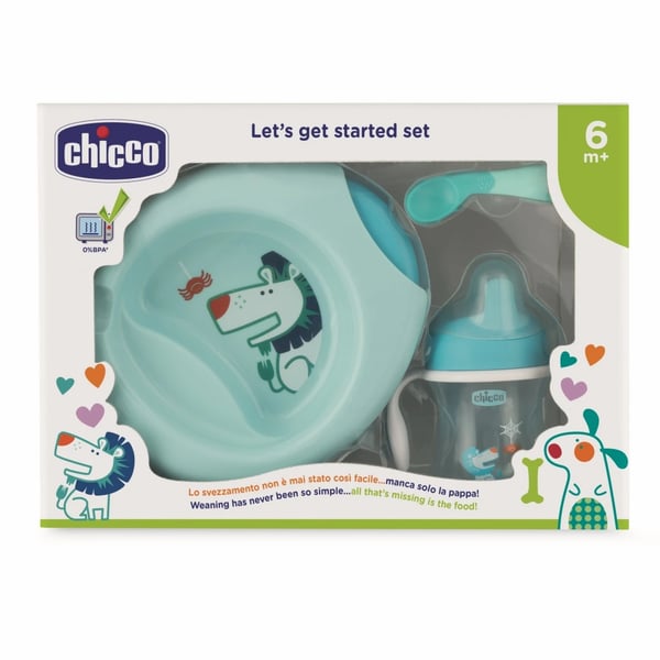 CHICCO CONJUNTO PAPA LET\'S GET START AZUL PRIMEIRA COLHER + PRATO 6M+